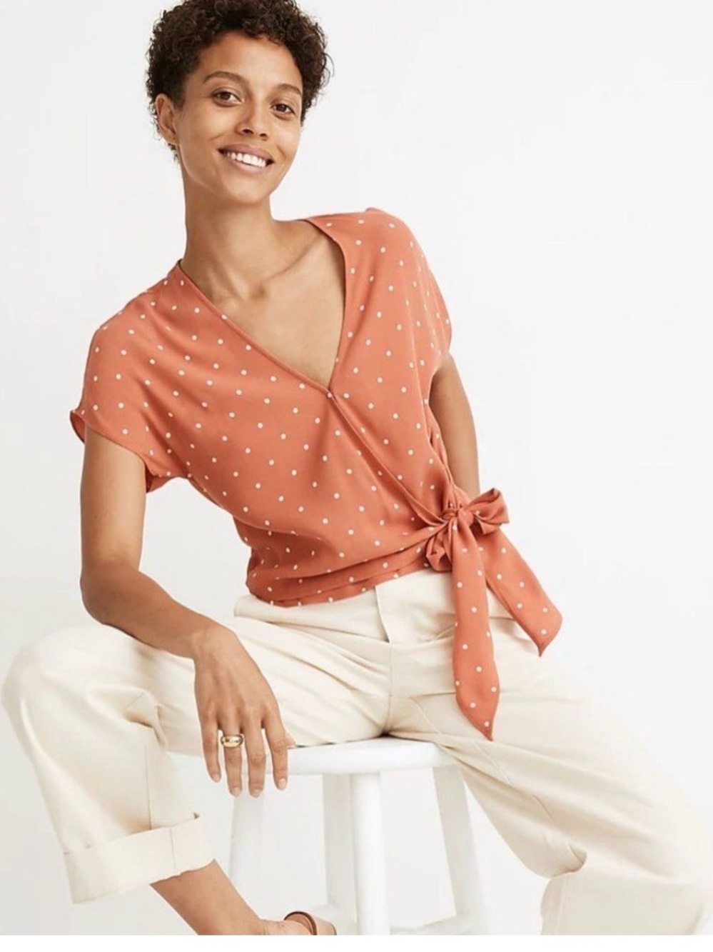 Madewell Sash-Tie Wrap Top in Polka Dot Rust Orange - Plus Size 2X